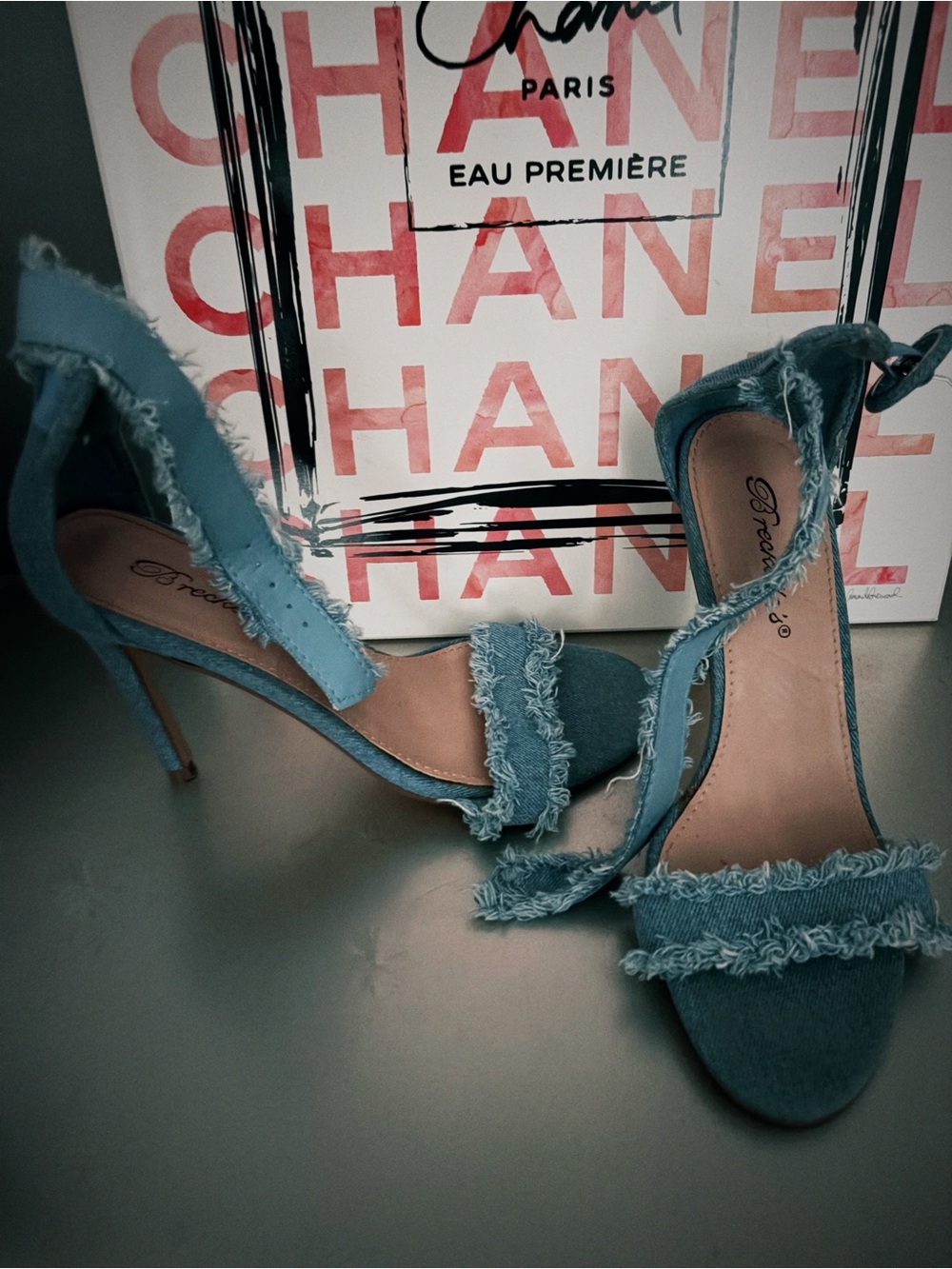 Denim Fringe Ankle-Strap Heels - Blue